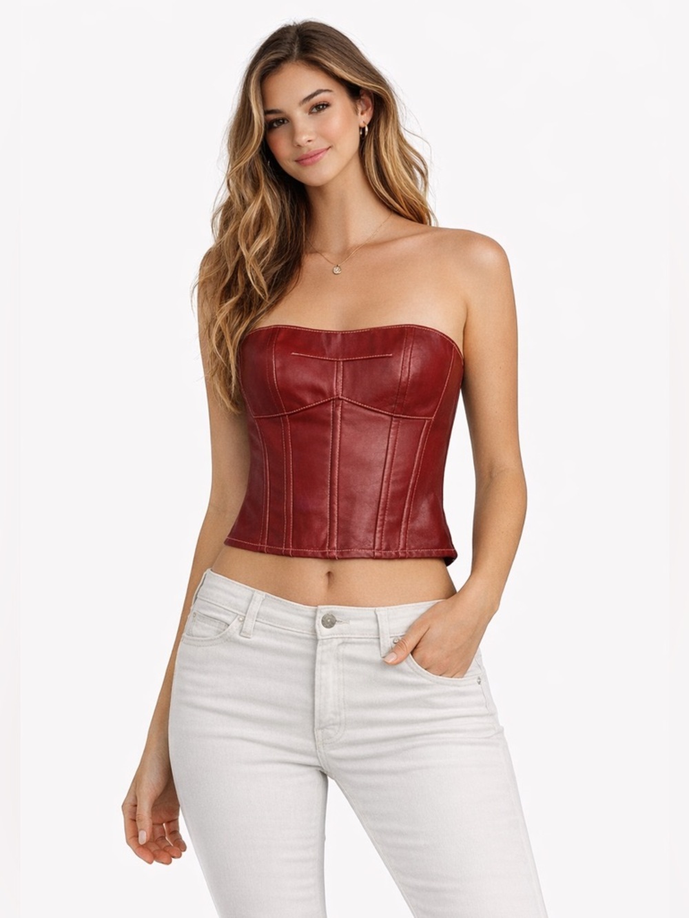 Edikted Faux Leather Corset Top XS Red Strapless Lace Up Back Y2K